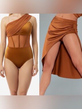 Kelle dance solo costume 2 piece Orange bronze 4424 skirt leotard SA-Small adult